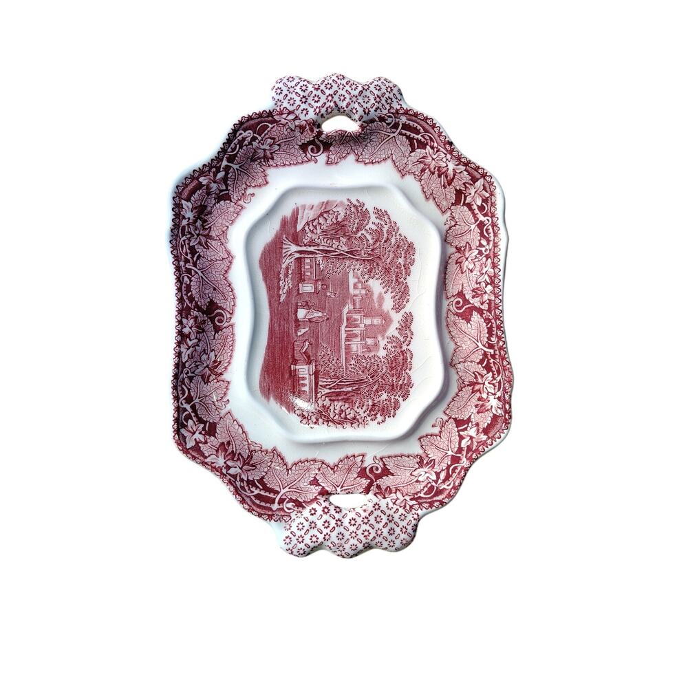is a vintage Mason's Vista Pink ironstone transferware platter, 6x8 1/2